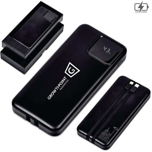 Black power bank with digital display and 'GrowthPoint' branding on a white background